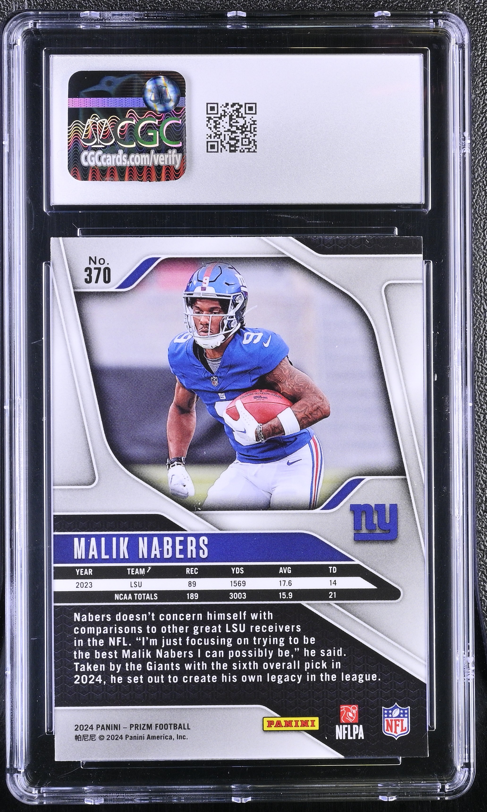 Malik Nabers 2024 Panini Prizm #370 RC (CGC 10) at PristineAuction.com Malik Nabers 2024 Panini Prizm #370 RC (CGC 10) at PristineAuction.com
