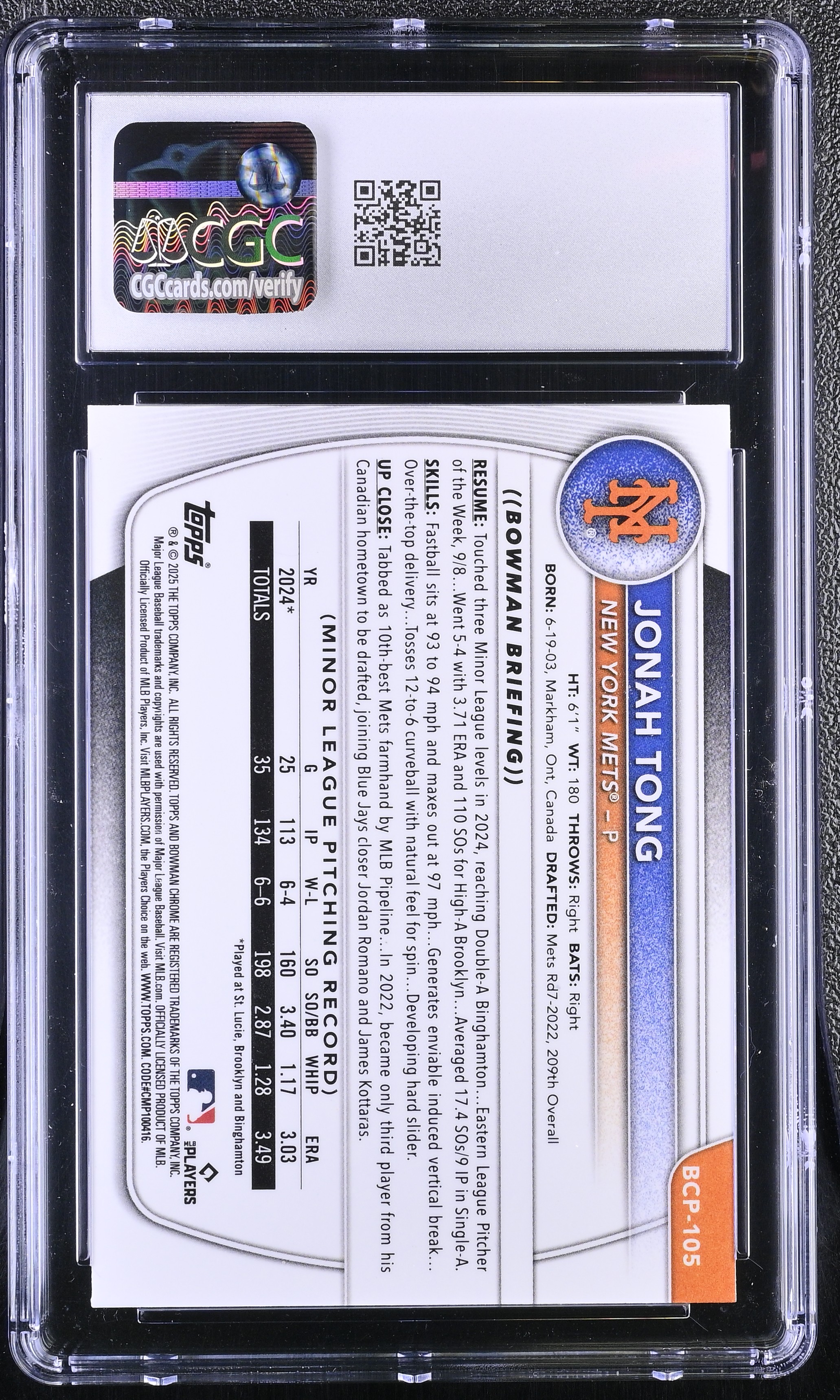 Jonah Tong 2025 Bowman Chrome Prospects #BCP105 RC (CGC 9) at PristineAuction.com Jonah Tong 2025 Bowman Chrome Prospects #BCP105 RC (CGC 9) at PristineAuction.com