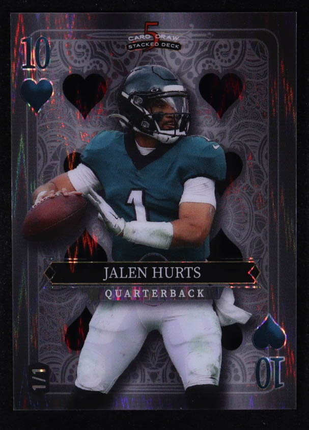 Jalen Hurts 2024 Wild Card 5 Card Draw Stacked Deck 10 of Hearts Black Shock #JHN #1/1 at PristineAuction.com Jalen Hurts 2024 Wild Card 5 Card Draw Stacked Deck 10 of Hearts Black Shock #JHN #1/1 at PristineAuction.com