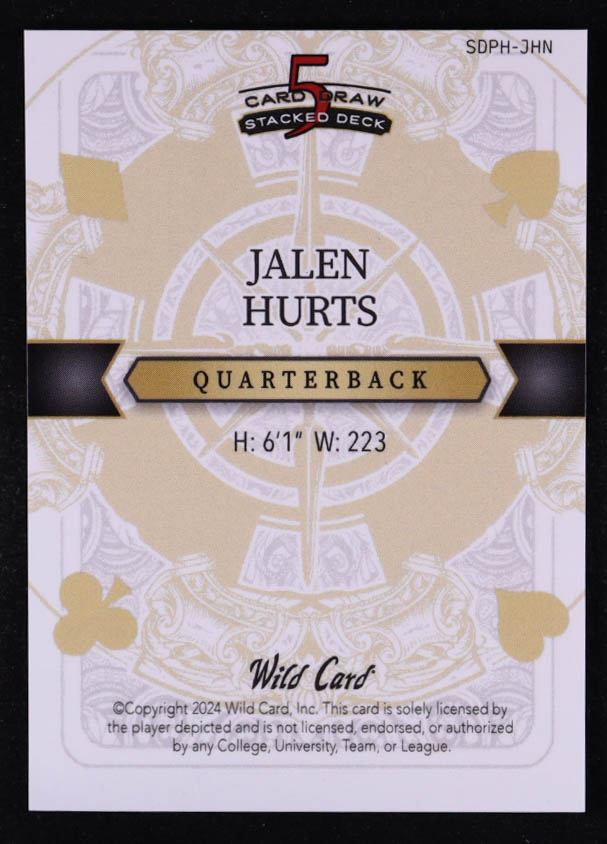 Jalen Hurts 2024 Wild Card 5 Card Draw Stacked Deck 10 of Hearts Black Shock #JHN #1/1 at PristineAuction.com Jalen Hurts 2024 Wild Card 5 Card Draw Stacked Deck 10 of Hearts Black Shock #JHN #1/1 at PristineAuction.com