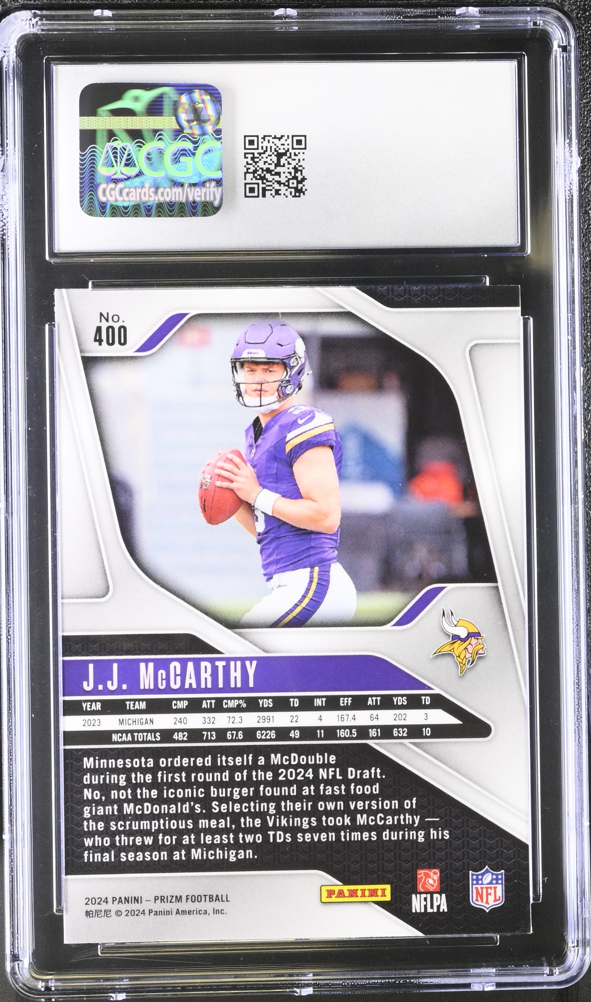 J.J. McCarthy 2024 Panini Prizm #400 RC (CGC 10) at PristineAuction.com J.J. McCarthy 2024 Panini Prizm #400 RC (CGC 10) at PristineAuction.com