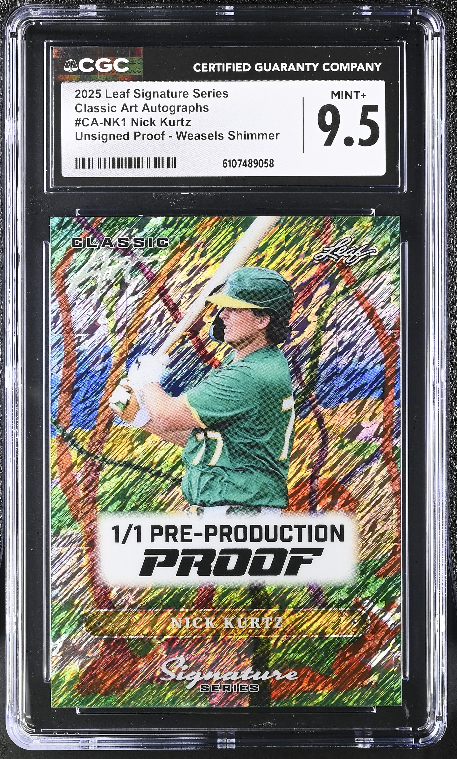 Nick Kurtz 2025 Leaf Signature Series Classic Art Autographs Pre-Production Proof Weasels Shimmer #CA-NK1 #1/1 RC (CGC 9.5) at PristineAuction.com Nick Kurtz 2025 Leaf Signature Series Classic Art Autographs Pre-Production Proof Weasels Shimmer #CA-NK1 #1/1 RC (CGC 9.5) at PristineAuction.com