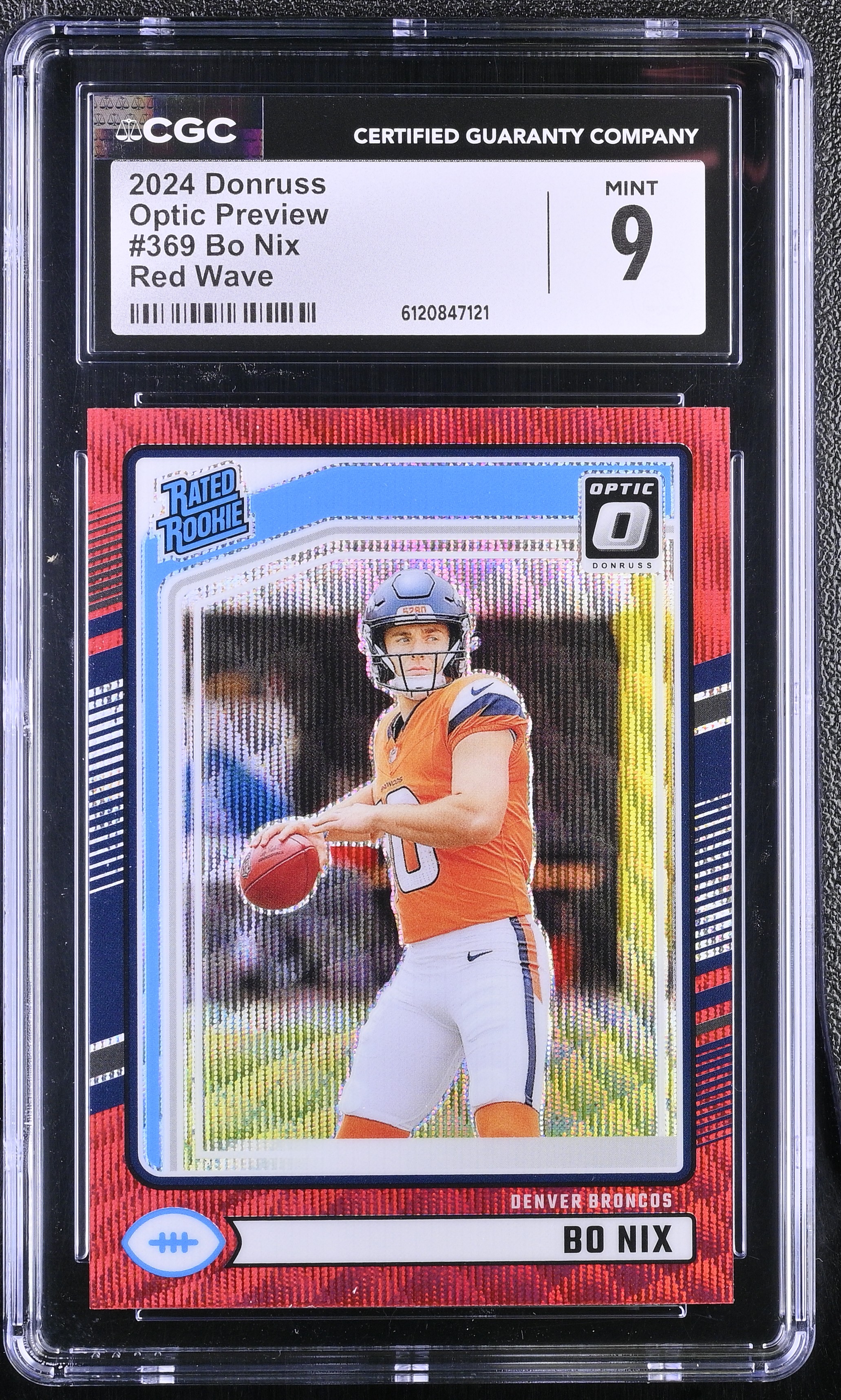 Bo Nix 2024 Donruss Optic Rated Rookies Preview Red Wave #369 RC (CGC 9) at PristineAuction.com Bo Nix 2024 Donruss Optic Rated Rookies Preview Red Wave #369 RC (CGC 9) at PristineAuction.com