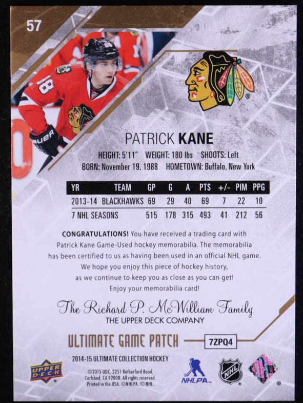 Patrick Kane 2014-15 Ultimate Collection Gold Spectrum Patch Game-Used #57 #17/35 at PristineAuction.com Patrick Kane 2014-15 Ultimate Collection Gold Spectrum Patch Game-Used #57 #17/35 at PristineAuction.com