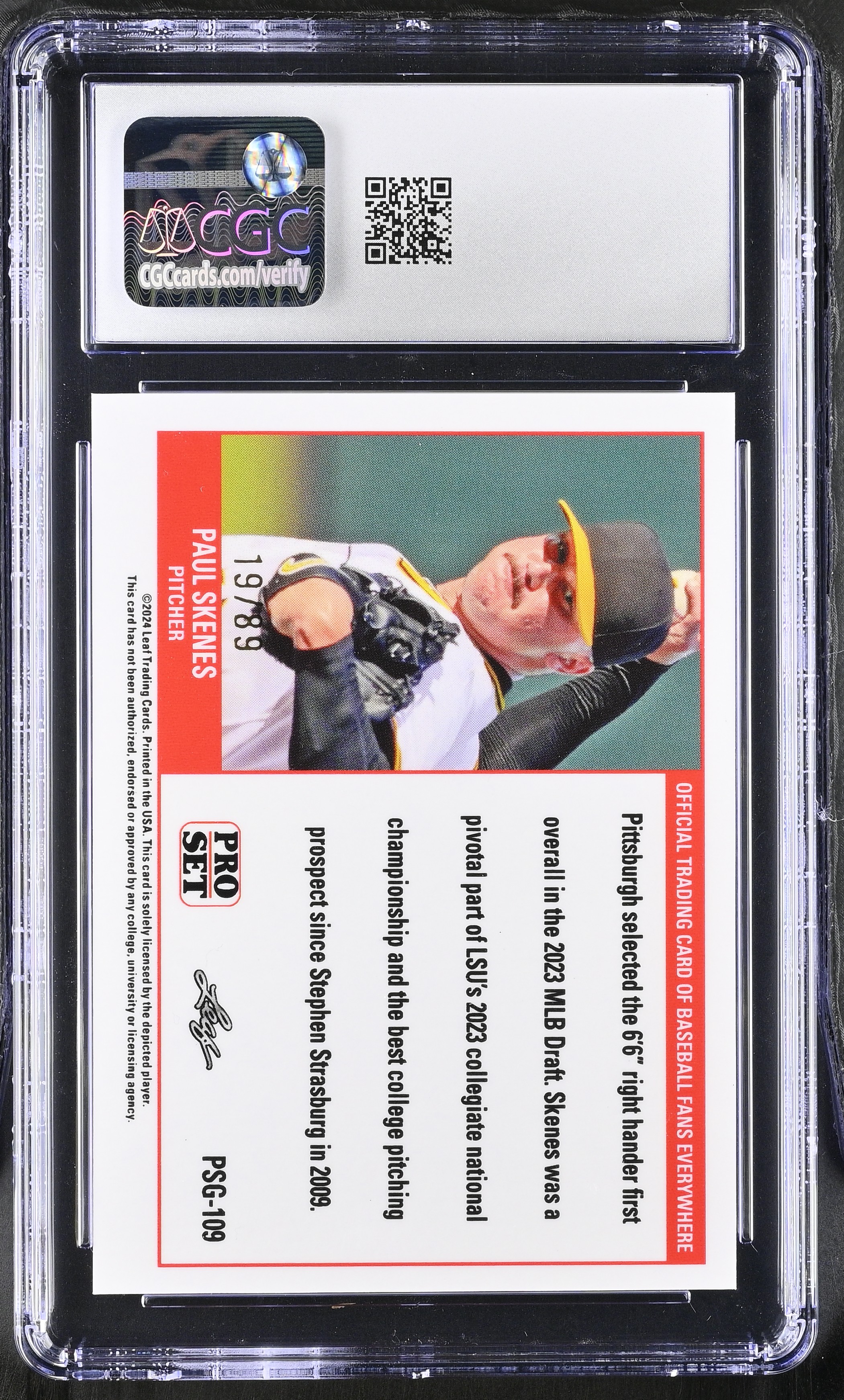 Paul Skenes 2023 Leaf Web Exclusives Pro Set Gold Red #PSG-109 #19/89 RC (CGC 10) at PristineAuction.com Paul Skenes 2023 Leaf Web Exclusives Pro Set Gold Red #PSG-109 #19/89 RC (CGC 10) at PristineAuction.com