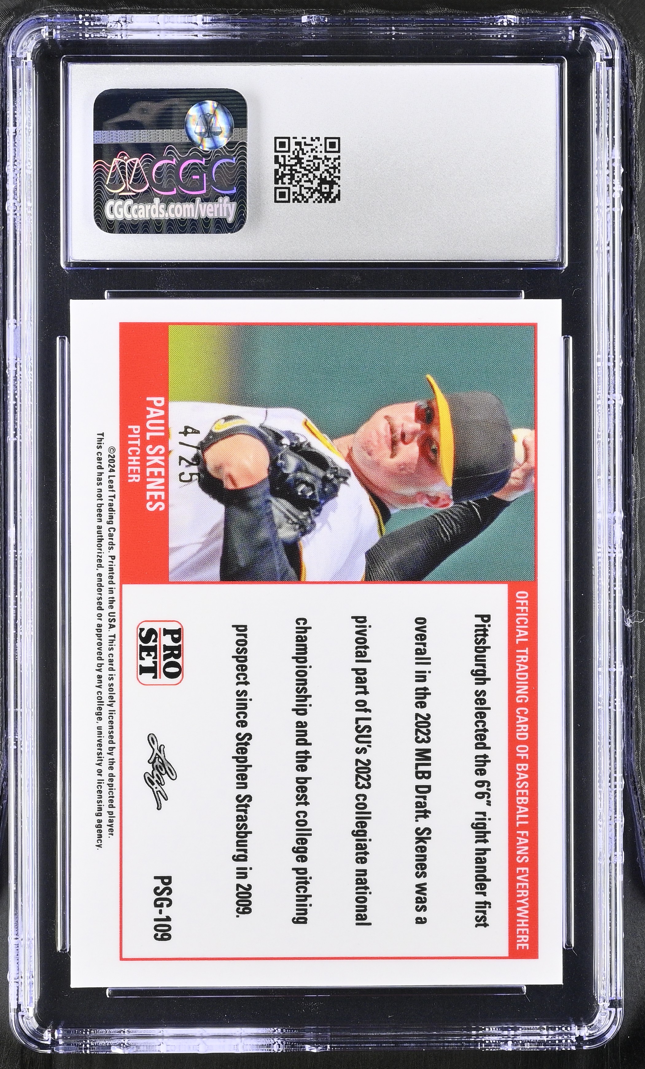 Paul Skenes 2023 Leaf Web Exclusives Pro Set Gold Blue #PSG-109 #04/25 RC (CGC 10) at PristineAuction.com Paul Skenes 2023 Leaf Web Exclusives Pro Set Gold Blue #PSG-109 #04/25 RC (CGC 10) at PristineAuction.com