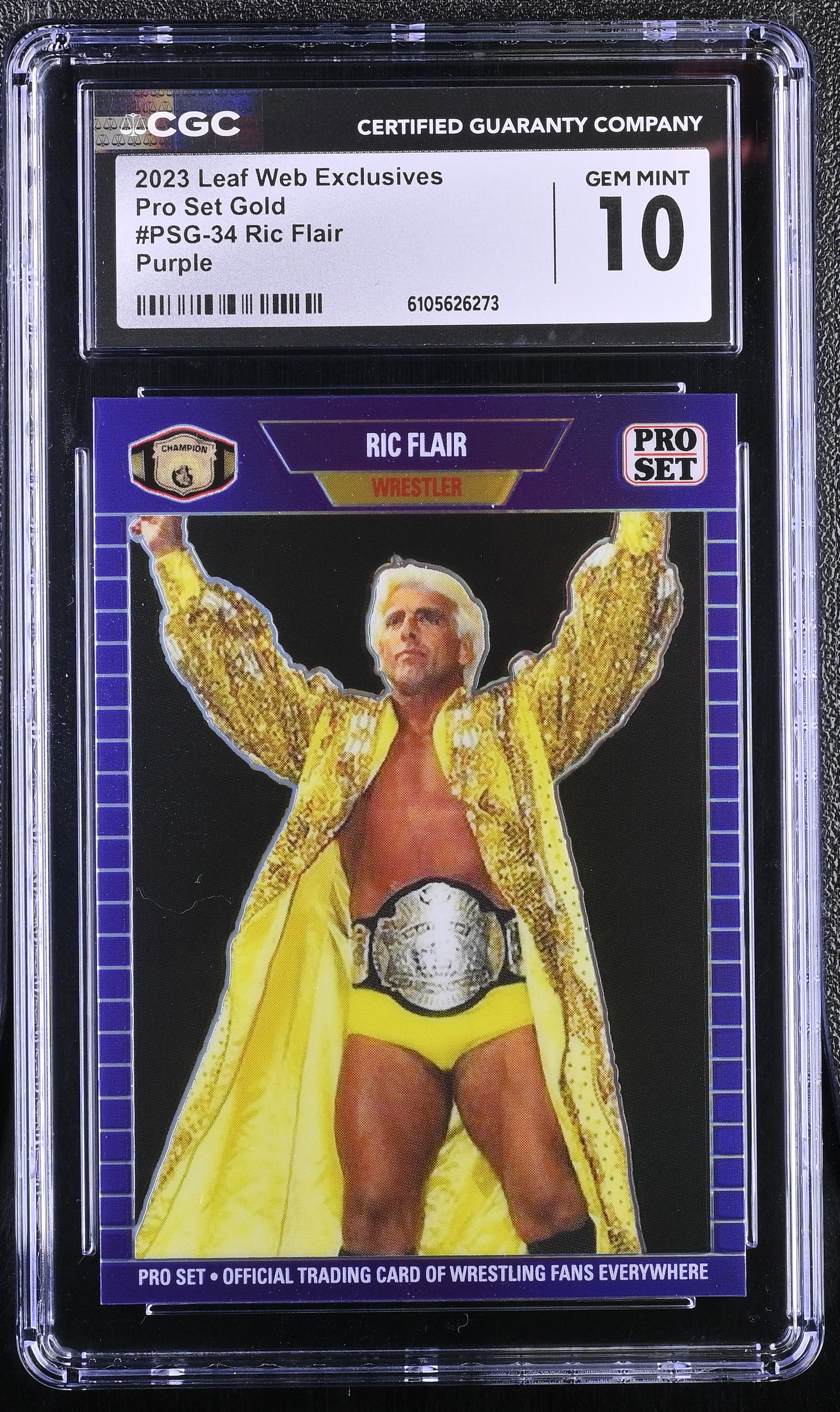 Ric Flair 2023 Leaf Web Exclusives Pro Set Gold Purple #PSG-34 #08/15 (CGC 10) at PristineAuction.com Ric Flair 2023 Leaf Web Exclusives Pro Set Gold Purple #PSG-34 #08/15 (CGC 10) at PristineAuction.com