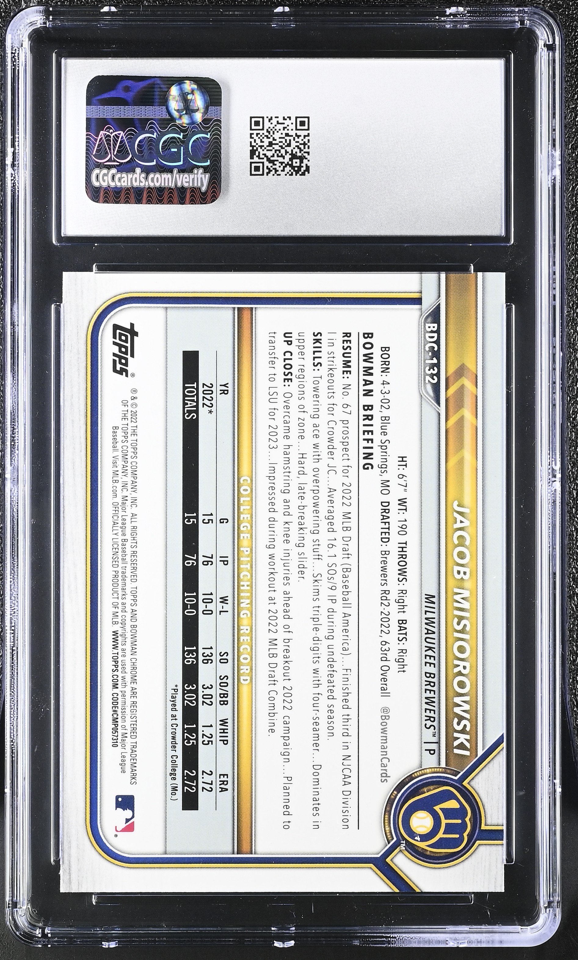 Jacob Misiorowski 2022 Bowman Draft Chrome #BDC-132 RC (CGC 9.5) at PristineAuction.com Jacob Misiorowski 2022 Bowman Draft Chrome #BDC-132 RC (CGC 9.5) at PristineAuction.com