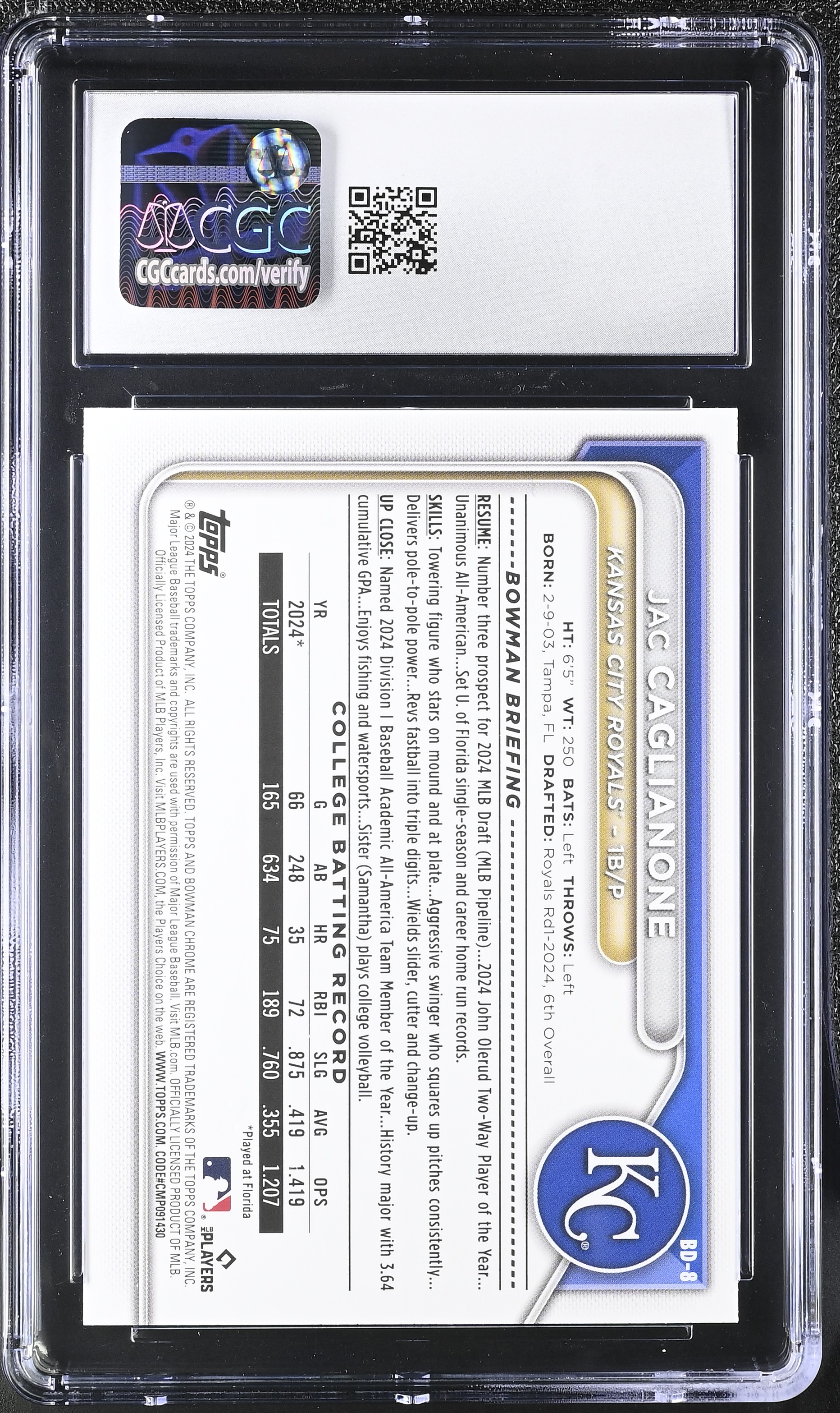 Jac Caglianone 2024 Bowman Draft #BD-8 RC (CGC 10) at PristineAuction.com Jac Caglianone 2024 Bowman Draft #BD-8 RC (CGC 10) at PristineAuction.com