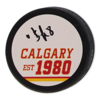 Valeri Bure Signed Flames Logo Hockey Puck (JSA) at PristineAuction.com