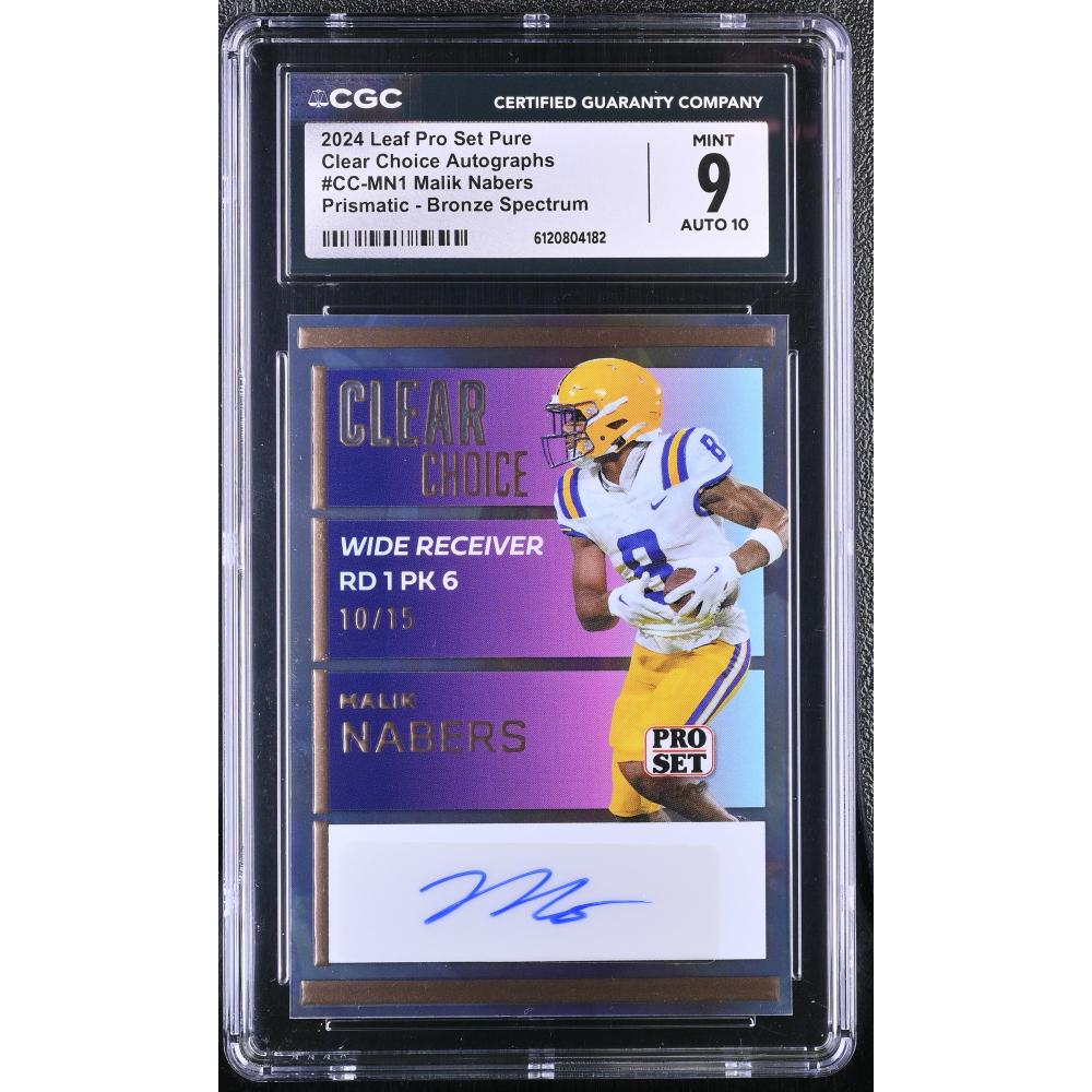 Malik Nabers 2024 Leaf Pro Set Pure Clear Choice Autographs Prismatic Bronze Spectrum #CCMN1 #10/15 RC (CGC 9 | Autograph Grade CGC 10) at PristineAuction.com