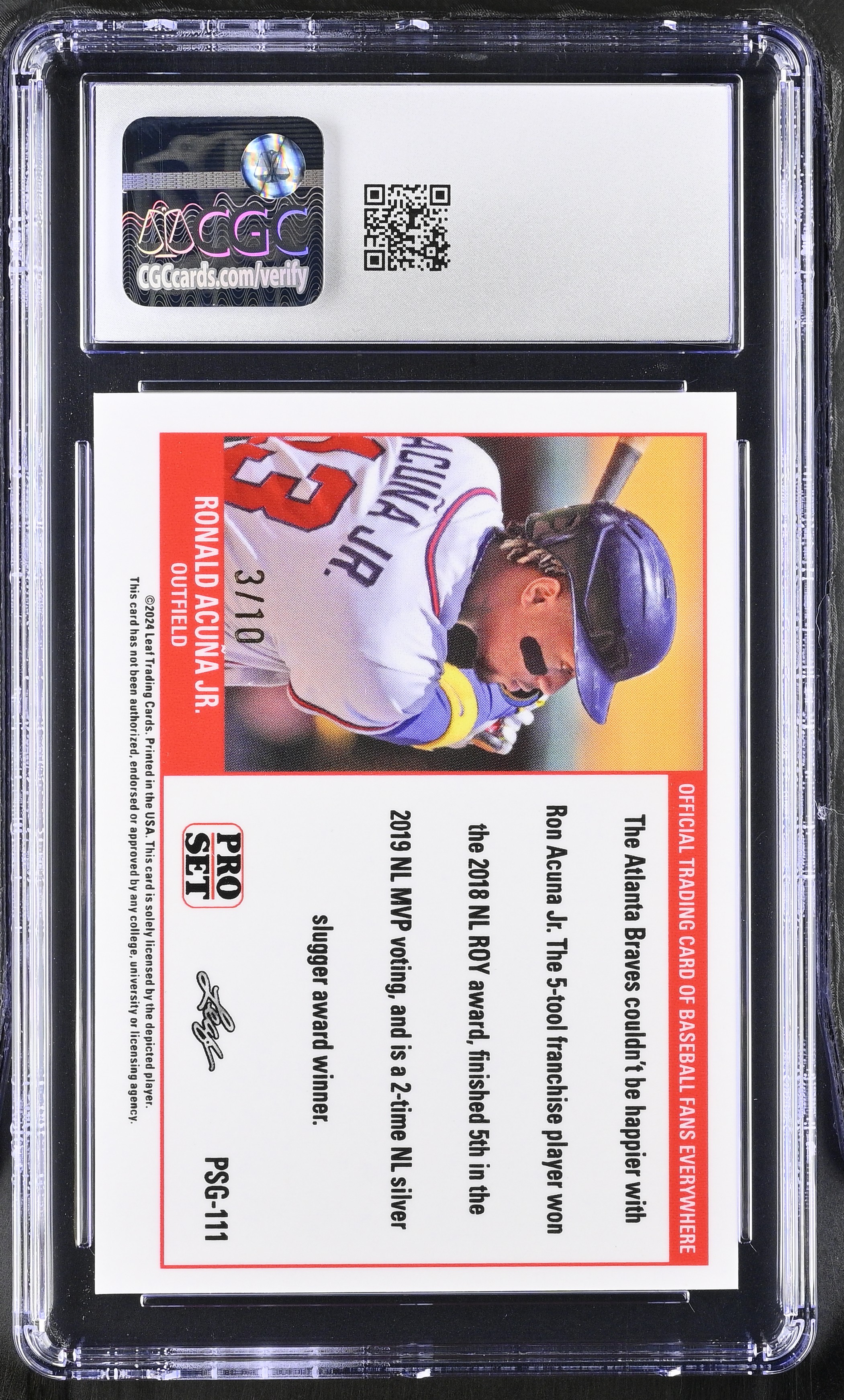 Ronald Acuna Jr. 2023 Leaf Web Exclusives Pro Set Gold Green #PSG-111 #03/10 (CGC 10) at PristineAuction.com Ronald Acuna Jr. 2023 Leaf Web Exclusives Pro Set Gold Green #PSG-111 #03/10 (CGC 10) at PristineAuction.com