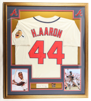 Hank Aaron Signed Custom Framed Cut Display with Jersey &1957 World Series Pin (PSA) at PristineAuction.com