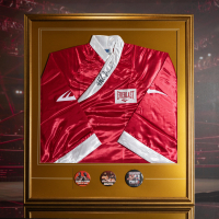 Mike Tyson Signed Custom Framed Boxing Robe Display with (3) Lapel Button Fight Pins (PSA) at PristineAuction.com