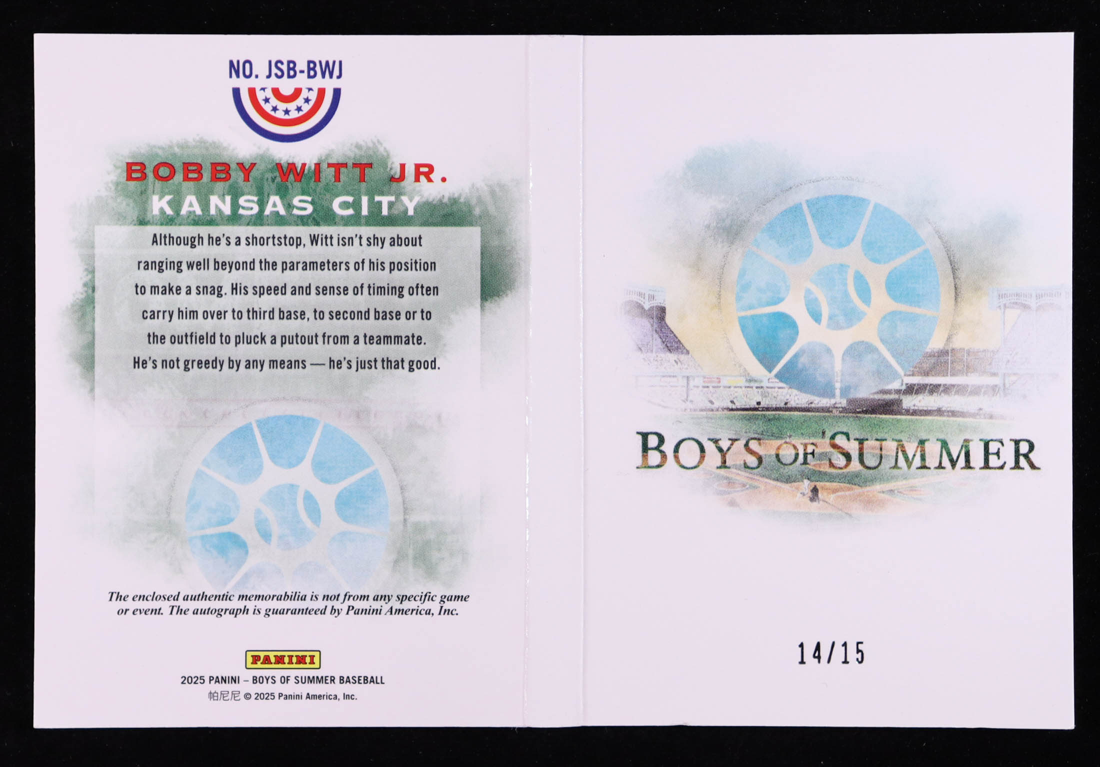 Bobby Witt Jr. 2025 Panini Boys of Summer Jumbo Swatch Signature Booklets #34 #14/15 at PristineAuction.com Bobby Witt Jr. 2025 Panini Boys of Summer Jumbo Swatch Signature Booklets #34 #14/15 at PristineAuction.com
