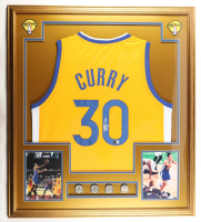 Stephen Curry Signed Custom Framed Jersey Display with (4) NBA Finals Champions Pins (Beckett) at PristineAuction.com
