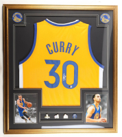 Stephen Curry Signed Custom Framed Jersey Display with (4) NBA Finals Champions Pins (Beckett) at PristineAuction.com