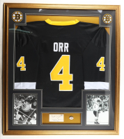 Bobby Orr Signed Custom Framed Cut Display Inscribed "Best Wishes" with Jersey & Bruins Logo Pin (PSA) at PristineAuction.com