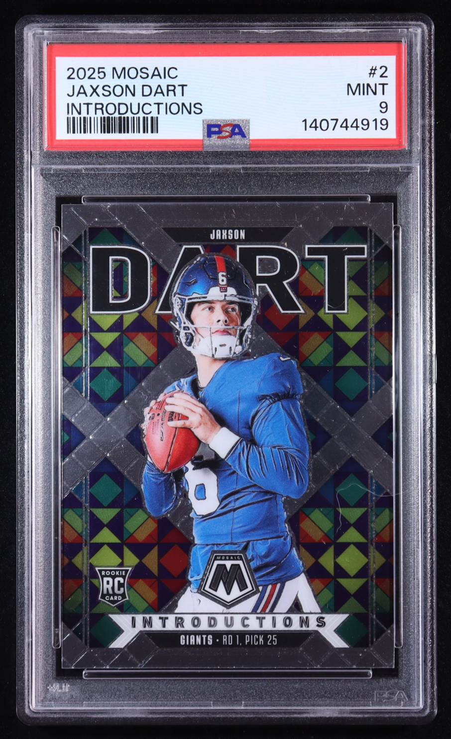 Jaxson Dart 2025 Panini Mosaic Introductions #2 RC (PSA 9) at PristineAuction.com Jaxson Dart 2025 Panini Mosaic Introductions #2 RC (PSA 9) at PristineAuction.com