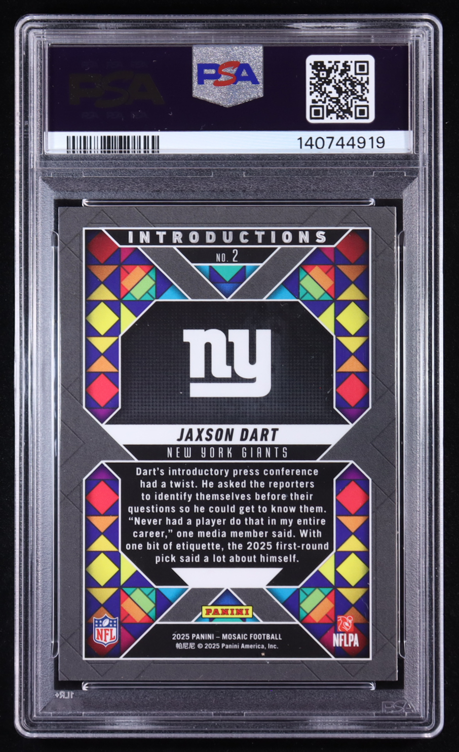 Jaxson Dart 2025 Panini Mosaic Introductions #2 RC (PSA 9) at PristineAuction.com Jaxson Dart 2025 Panini Mosaic Introductions #2 RC (PSA 9) at PristineAuction.com