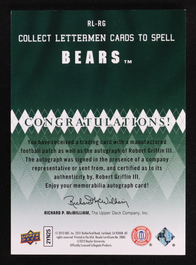 Robert Griffin III 2012 Upper Deck Rookie Lettermen Autographs #RLRG #12/45 RC at PristineAuction.com Robert Griffin III 2012 Upper Deck Rookie Lettermen Autographs #RLRG #12/45 RC at PristineAuction.com