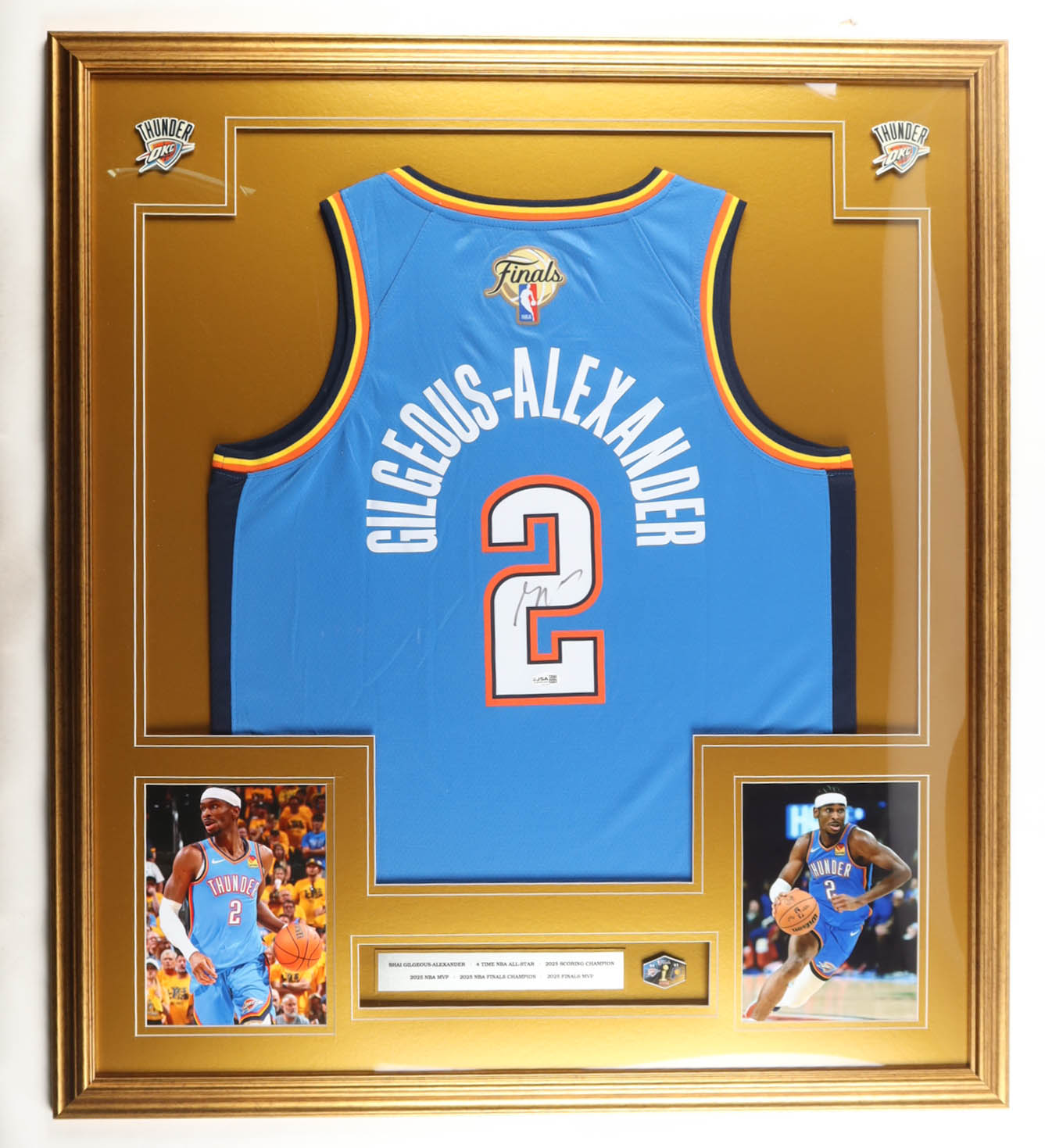 Shai Gilgeous-Alexander Signed Custom Framed Jersey Display with Stat Plaque & 2025 NBA Finals Pin (JSA) at PristineAuction.com Shai Gilgeous-Alexander Signed Custom Framed Jersey Display with Stat Plaque & 2025 NBA Finals Pin (JSA) at PristineAuction.com