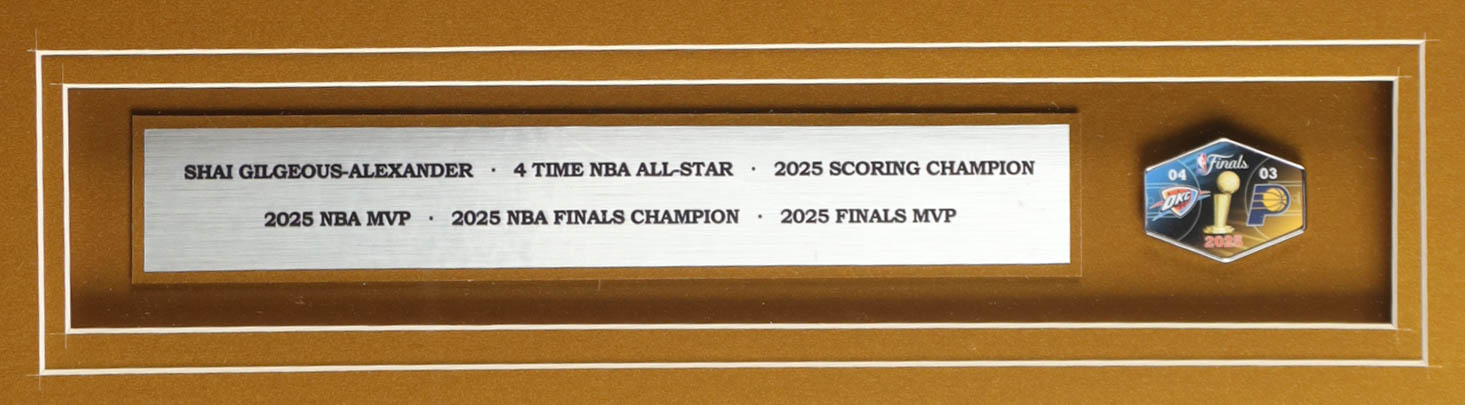 Shai Gilgeous-Alexander Signed Custom Framed Jersey Display with Stat Plaque & 2025 NBA Finals Pin (JSA) at PristineAuction.com Shai Gilgeous-Alexander Signed Custom Framed Jersey Display with Stat Plaque & 2025 NBA Finals Pin (JSA) at PristineAuction.com
