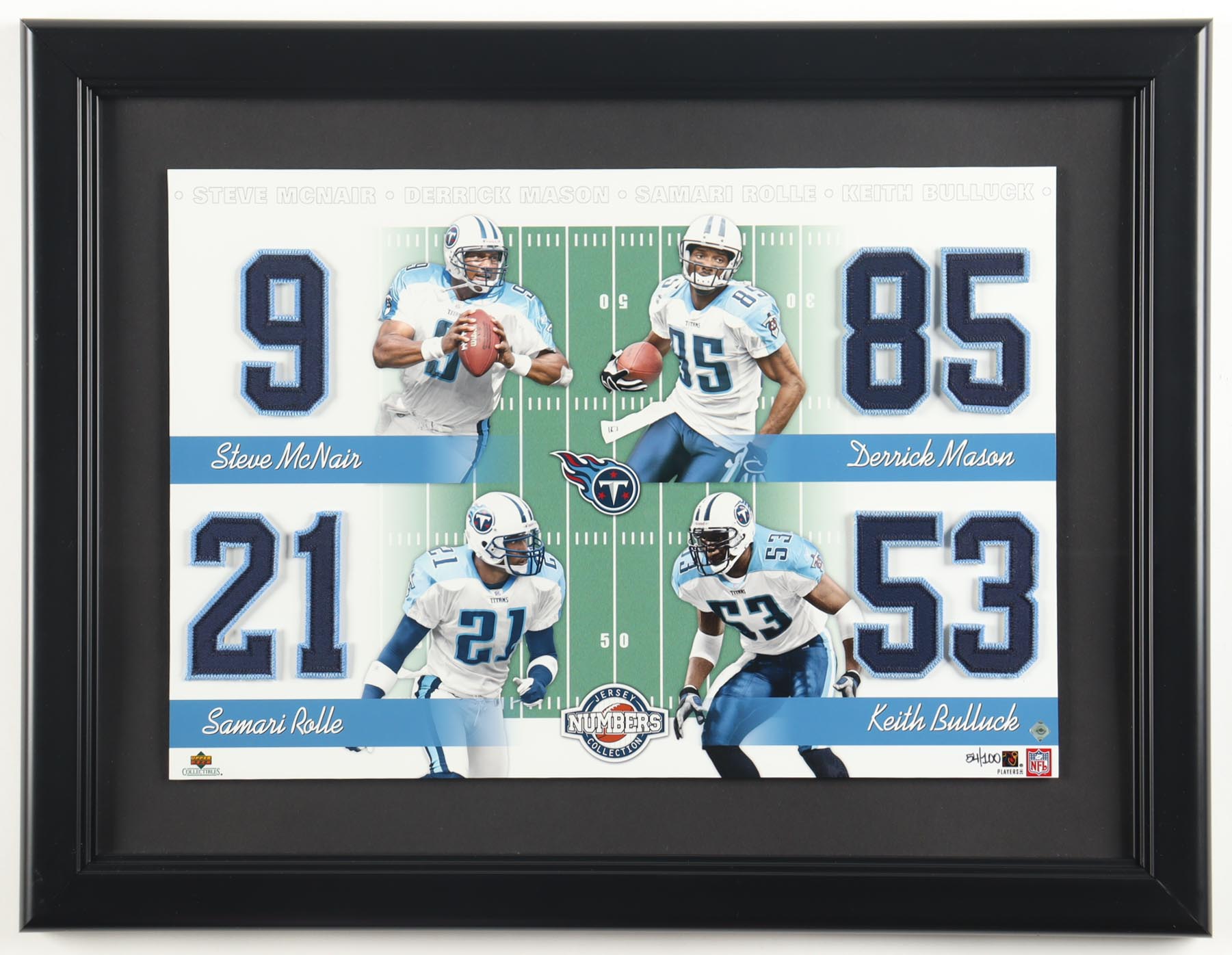 Steve McNair / Derrick Mason / Samari Rolle / Keith Bulluck Custom Framed Upper Deck Jersey Numbers Collection #54/100 at PristineAuction.com Steve McNair / Derrick Mason / Samari Rolle / Keith Bulluck Custom Framed Upper Deck Jersey Numbers Collection #54/100 at PristineAuction.com
