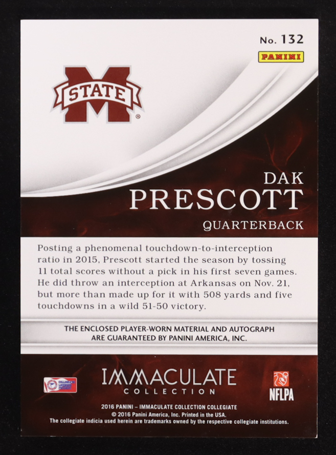 Dak Prescott 2016 Immaculate Collection Collegiate Patch Autographs #132 #32/99 RC at PristineAuction.com Dak Prescott 2016 Immaculate Collection Collegiate Patch Autographs #132 #32/99 RC at PristineAuction.com