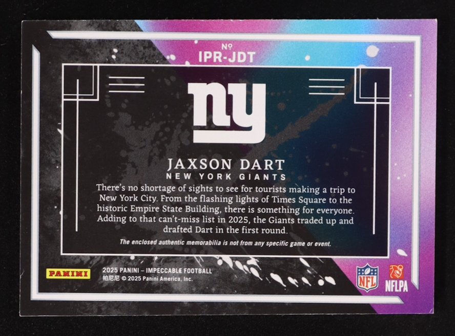 Jaxson Dart 2025 Panini Impeccable ImPatchable Rookies #6 #17/49 RC at PristineAuction.com Jaxson Dart 2025 Panini Impeccable ImPatchable Rookies #6 #17/49 RC at PristineAuction.com