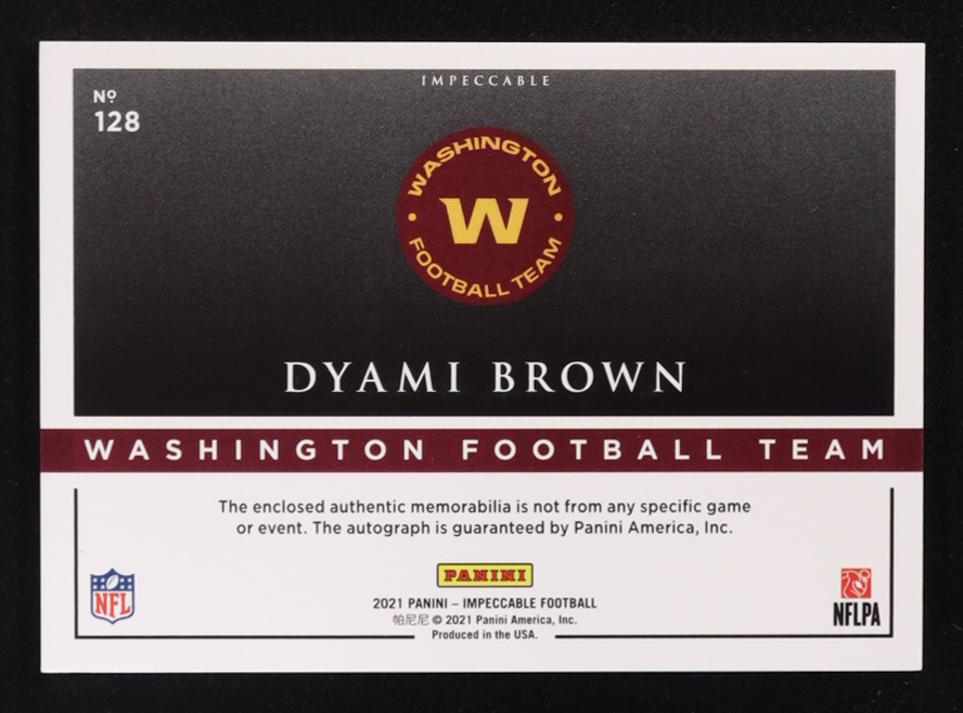 Dyami Brown 2021 Panini Impeccable Elegance Rookie Helmet Patch Autograph #128 #28/75 RC at PristineAuction.com Dyami Brown 2021 Panini Impeccable Elegance Rookie Helmet Patch Autograph #128 #28/75 RC at PristineAuction.com