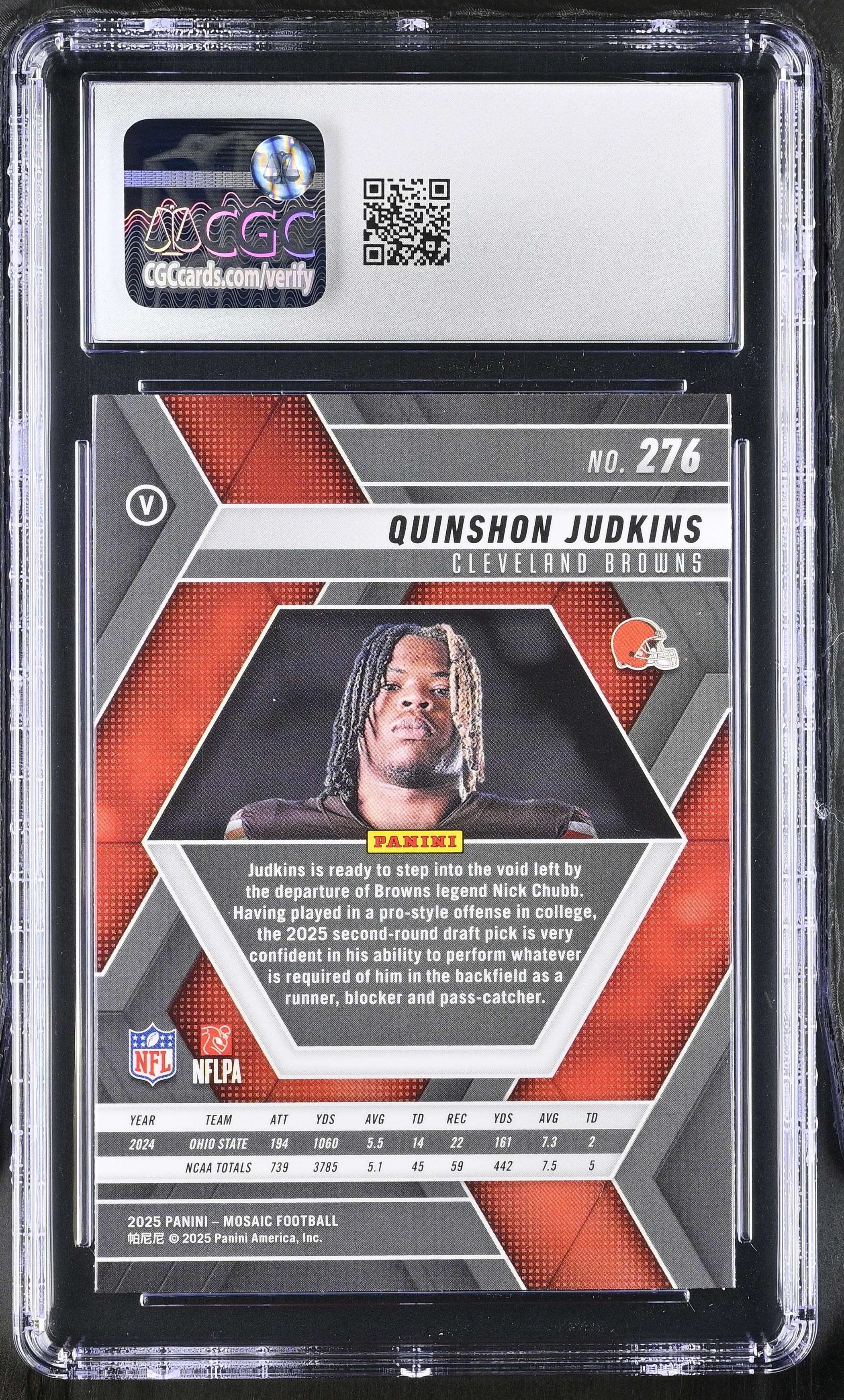 Quinshon Judkins 2025 Panini Mosaic Rookie Variation #276 VAR RC (CGC 10) at PristineAuction.com Quinshon Judkins 2025 Panini Mosaic Rookie Variation #276 VAR RC (CGC 10) at PristineAuction.com