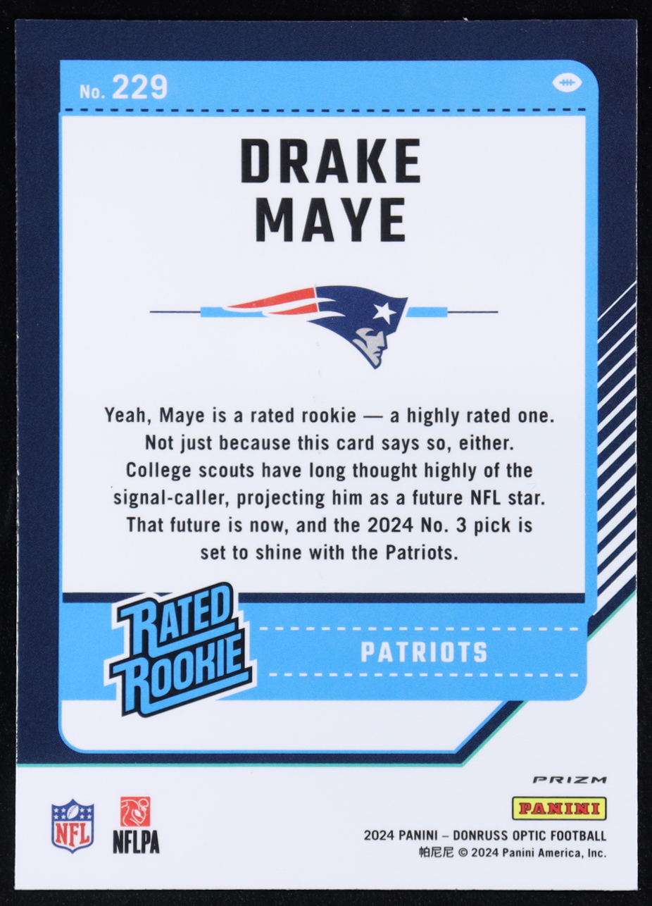 Drake Maye 2024 Donruss Optic Holo #229 RR RC at PristineAuction.com Drake Maye 2024 Donruss Optic Holo #229 RR RC at PristineAuction.com