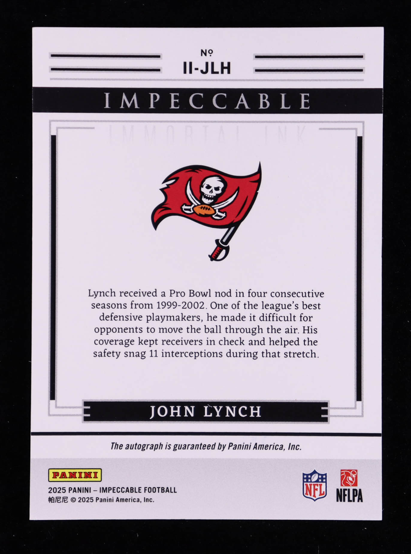 John Lynch 2025 Panini Impeccable Immortal Ink #9 #23/75 at PristineAuction.com John Lynch 2025 Panini Impeccable Immortal Ink #9 #23/75 at PristineAuction.com