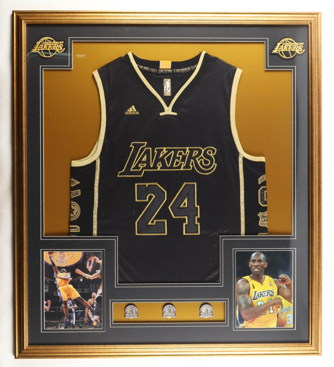 Kobe Bryant Custom Framed Jersey Display with (3) NBA Finals Pins at PristineAuction.com Kobe Bryant Custom Framed Jersey Display with (3) NBA Finals Pins at PristineAuction.com