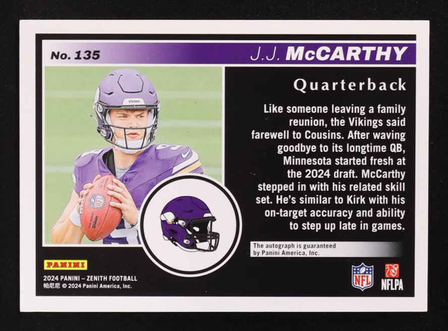 JJ McCarthy 2024 Zenith Rookies Red Zone Autographs #135 #27/99 RC at PristineAuction.com JJ McCarthy 2024 Zenith Rookies Red Zone Autographs #135 #27/99 RC at PristineAuction.com