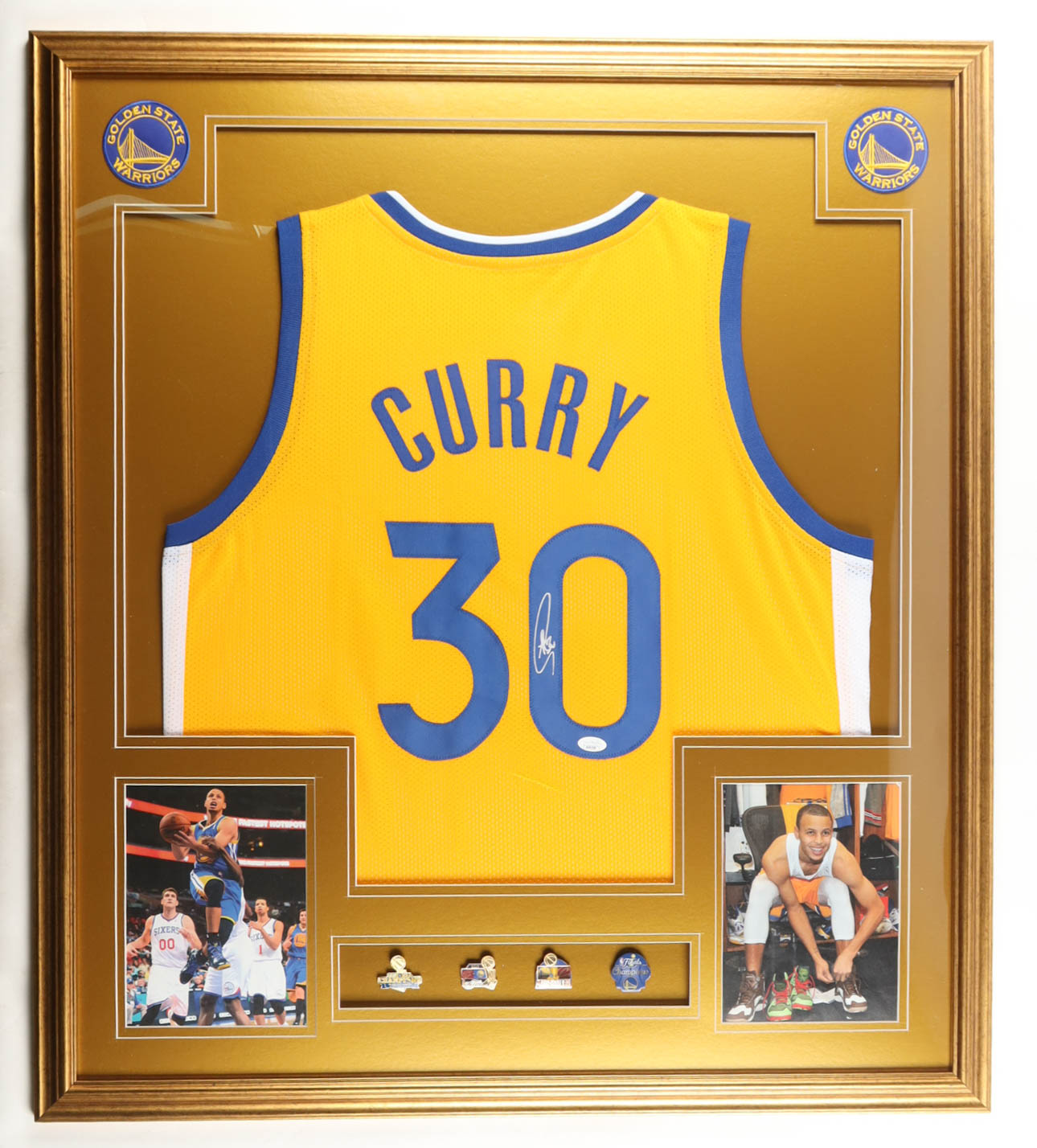 Stephen Curry Signed Custom Framed Jersey Display with (4) NBA Finals Champions Pins (JSA) at PristineAuction.com Stephen Curry Signed Custom Framed Jersey Display with (4) NBA Finals Champions Pins (JSA) at PristineAuction.com