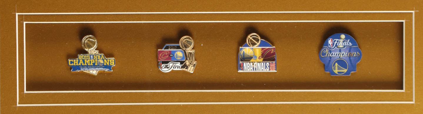 Stephen Curry Signed Custom Framed Jersey Display with (4) NBA Finals Champions Pins (JSA) at PristineAuction.com Stephen Curry Signed Custom Framed Jersey Display with (4) NBA Finals Champions Pins (JSA) at PristineAuction.com