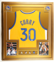 Stephen Curry Signed Custom Framed Jersey Display with (4) NBA Finals Champions Pins (JSA) at PristineAuction.com