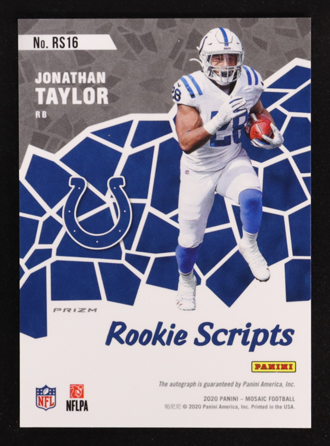 Jonathan Taylor 2020 Panini Mosaic Rookie Scripts #16 RC at PristineAuction.com Jonathan Taylor 2020 Panini Mosaic Rookie Scripts #16 RC at PristineAuction.com