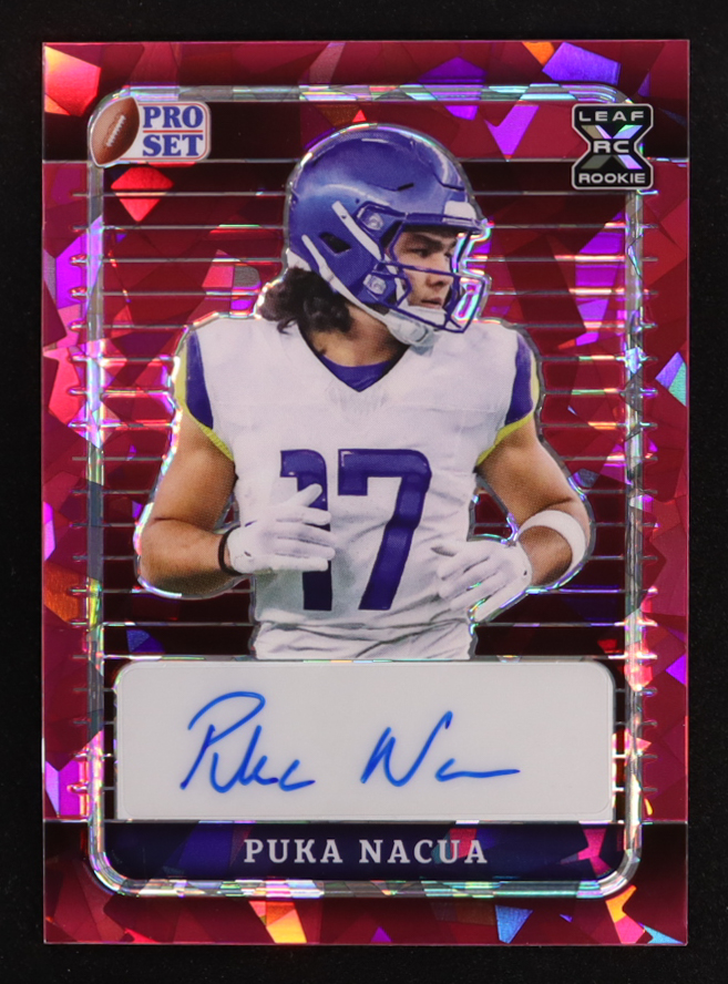 Puka Nacua 2023 Leaf Pro Set Metal Autographs Crystal Pink #PA-PN1 #1/5 RC at PristineAuction.com Puka Nacua 2023 Leaf Pro Set Metal Autographs Crystal Pink #PA-PN1 #1/5 RC at PristineAuction.com