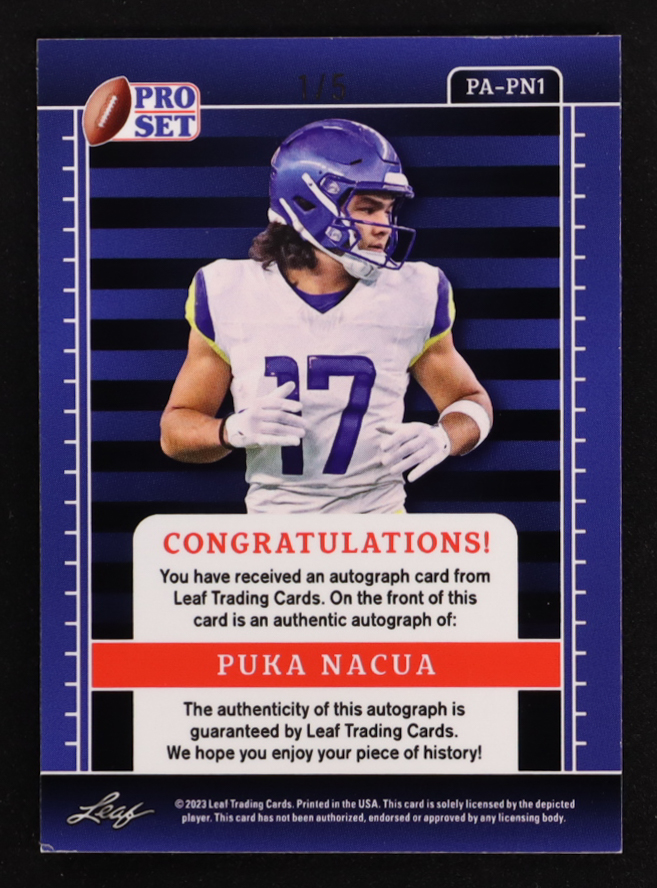 Puka Nacua 2023 Leaf Pro Set Metal Autographs Crystal Pink #PA-PN1 #1/5 RC at PristineAuction.com Puka Nacua 2023 Leaf Pro Set Metal Autographs Crystal Pink #PA-PN1 #1/5 RC at PristineAuction.com