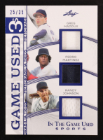 Greg Maddux / Pedro Martinez / Randy Johnson 2025 Leaf in the Game Used Trios 3's Blue Triple Relic Game-Used #GT8 #25/35 at PristineAuction.com
