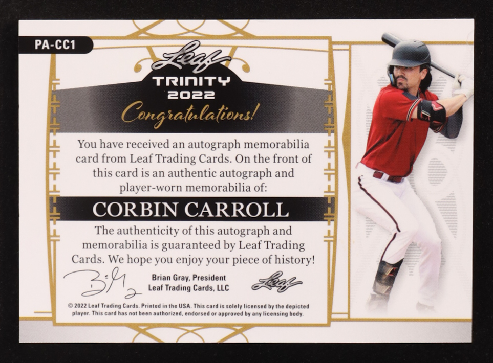 Corbin Carroll 2022 Leaf Trinity Platinum Spectrum Foil Patch Autographs Player-Worn #PACC1 #23/25 at PristineAuction.com Corbin Carroll 2022 Leaf Trinity Platinum Spectrum Foil Patch Autographs Player-Worn #PACC1 #23/25 at PristineAuction.com