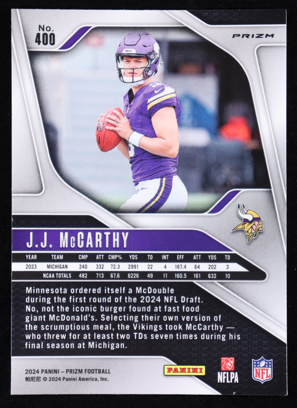 JJ McCarthy 2024 Panini Prizm Prizms Silver #400 RC at PristineAuction.com JJ McCarthy 2024 Panini Prizm Prizms Silver #400 RC at PristineAuction.com