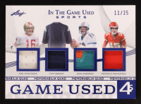 Joe Montana / Tom Brady / Dan Marino / Patrick Mahomes II 2025 Leaf in the Game Used Quad Patch Blue Game-Used #GQ15 #11/25 at PristineAuction.com