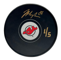 Jack Hughes Signed LE Devils Logo Puck (Fanatics) at PristineAuction.com