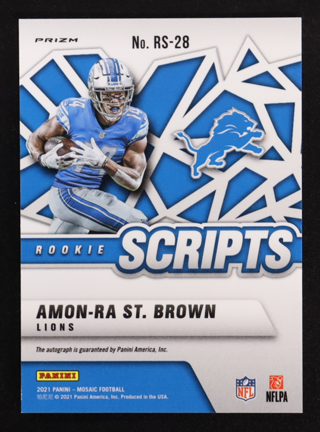 Amon-Ra St. Brown 2021 Panini Mosaic Rookie Scripts #28 RC at PristineAuction.com Amon-Ra St. Brown 2021 Panini Mosaic Rookie Scripts #28 RC at PristineAuction.com