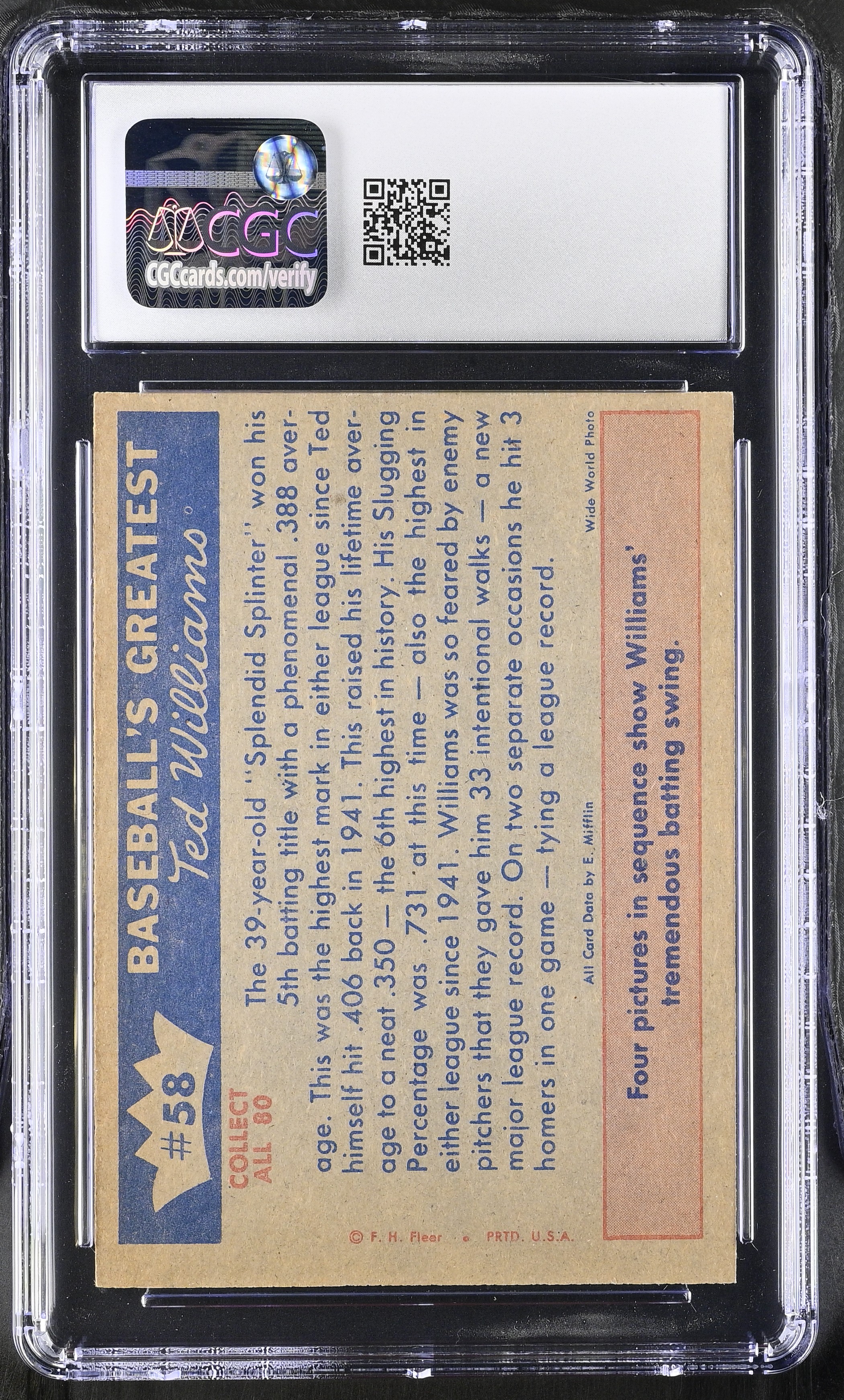 Ted Williams 1959 Fleer Ted Williams #58 1957 Williams Hits .388 (CGC 7) at PristineAuction.com Ted Williams 1959 Fleer Ted Williams #58 1957 Williams Hits .388 (CGC 7) at PristineAuction.com