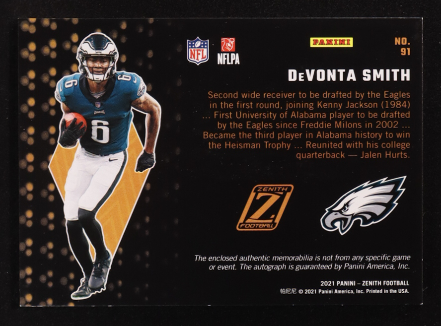 DeVonta Smith 2021 Zenith Rookie Patch Autographs Sparkle #91 #11/25 RC at PristineAuction.com DeVonta Smith 2021 Zenith Rookie Patch Autographs Sparkle #91 #11/25 RC at PristineAuction.com